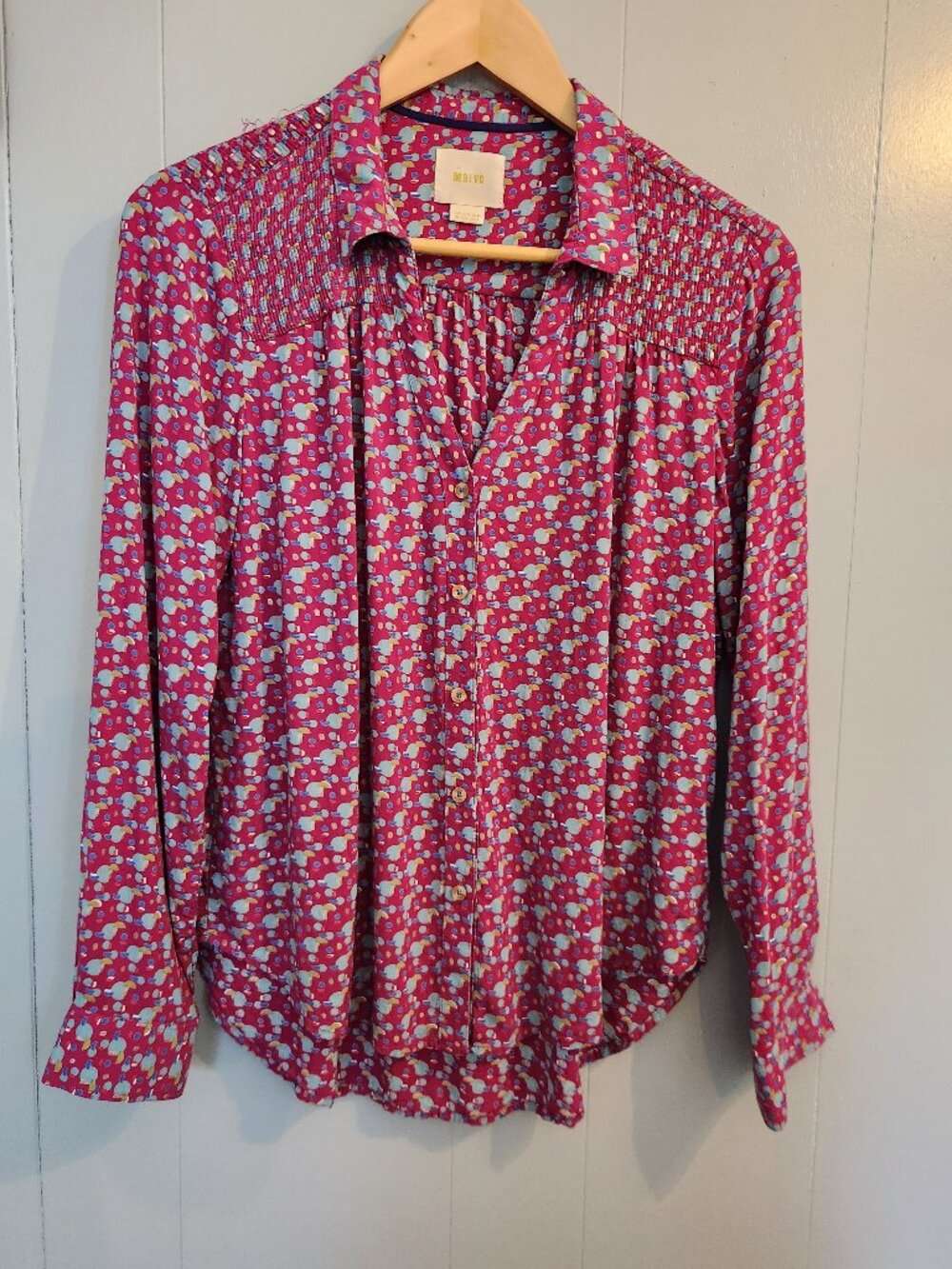 Maeve polka dot circle smocked shoulder long sleeve blouse top shirt